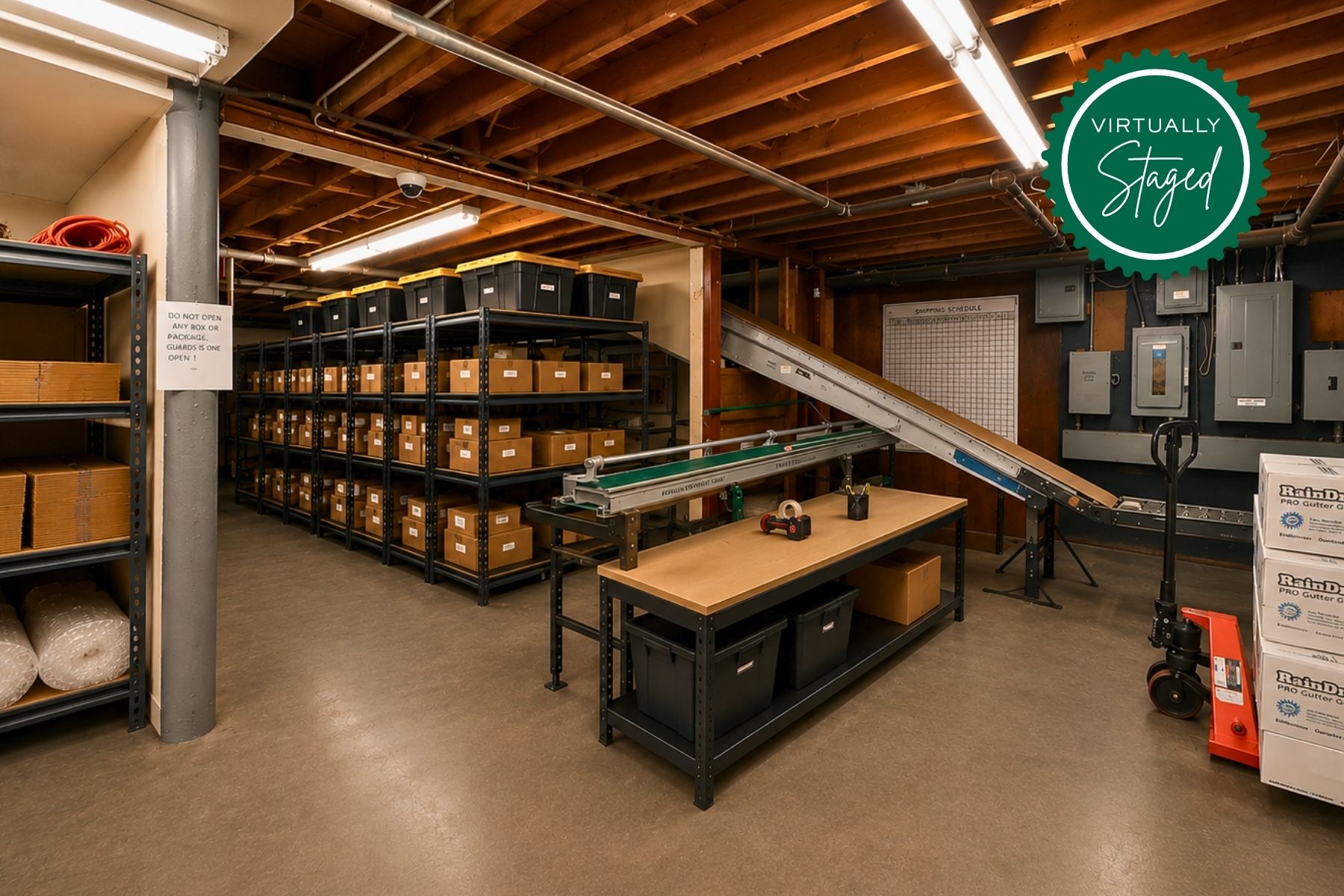 Virtually Staged Conveyor System for Access to Second-Level Storage Conveyor system at 20 Garland Drive, Stamford, CT, designed for efficient transport of inventory and industrial equipment between the first floor and second-level storage area.