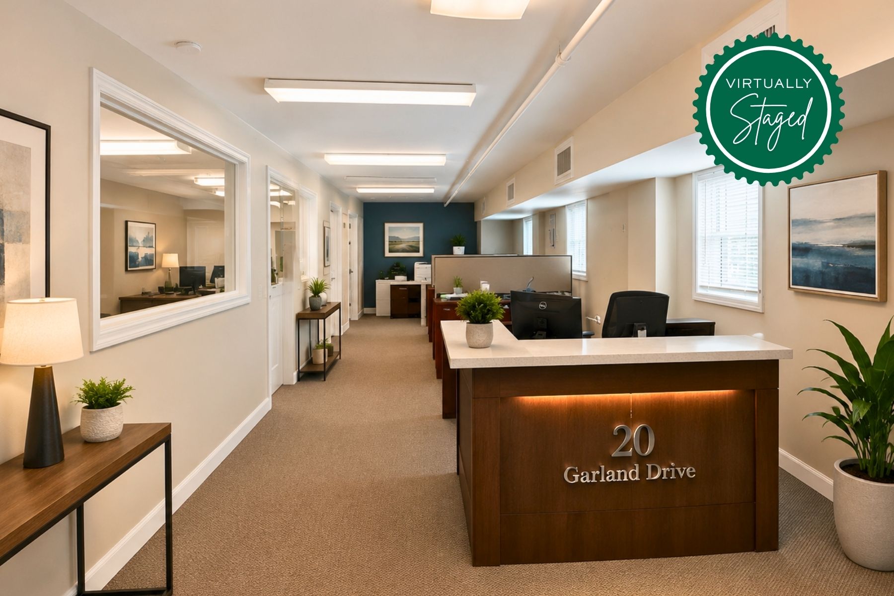 Virtually Staged Modern Reception and Client Greeting Area Virtually staged modern reception and client greeting area at 20 Garland Drive, Stamford, CT, featuring a two-story glass lobby, contemporary seating, and professional wood-style flooring.