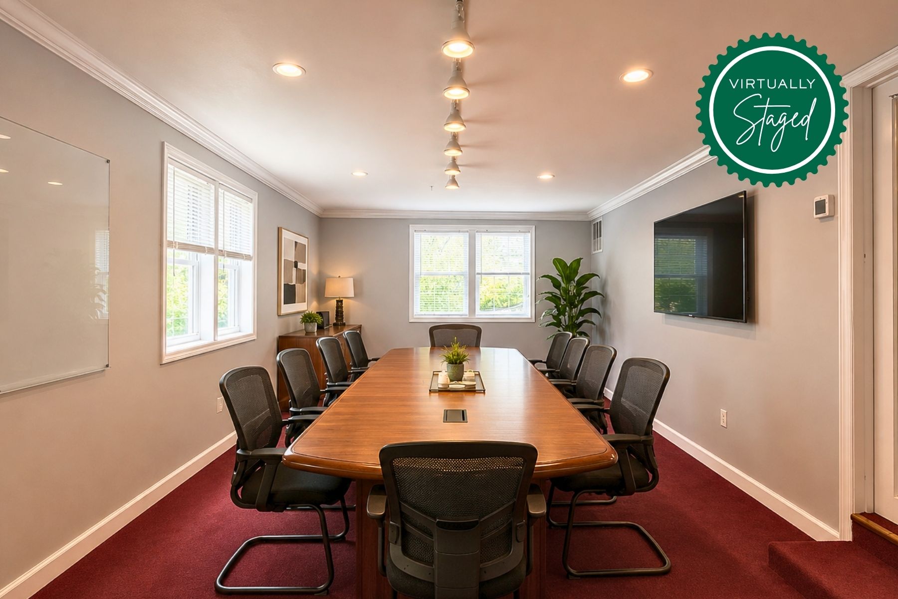 Virtually Staged Executive Conference Room for Professional Meetings For the conference room image, here is a descriptive alt tag optimized for the 20 Garland Drive listing: Alt Tag: Virtually staged executive conference room at 20 Garland Drive, Stamford, CT, featuring a large modern boardroom table, integrated technology for professional meetings, and expansive windows.