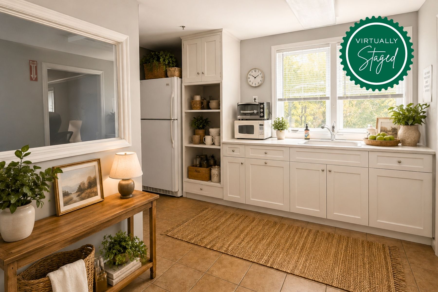 Virtually Staged Sunlit Kitchenette for Staff Convenience Virtually staged modern kitchenette at 20 Garland Drive, Stamford, CT, featuring white cabinetry, a stainless steel sink, and large windows providing ample natural light for a staff break area.