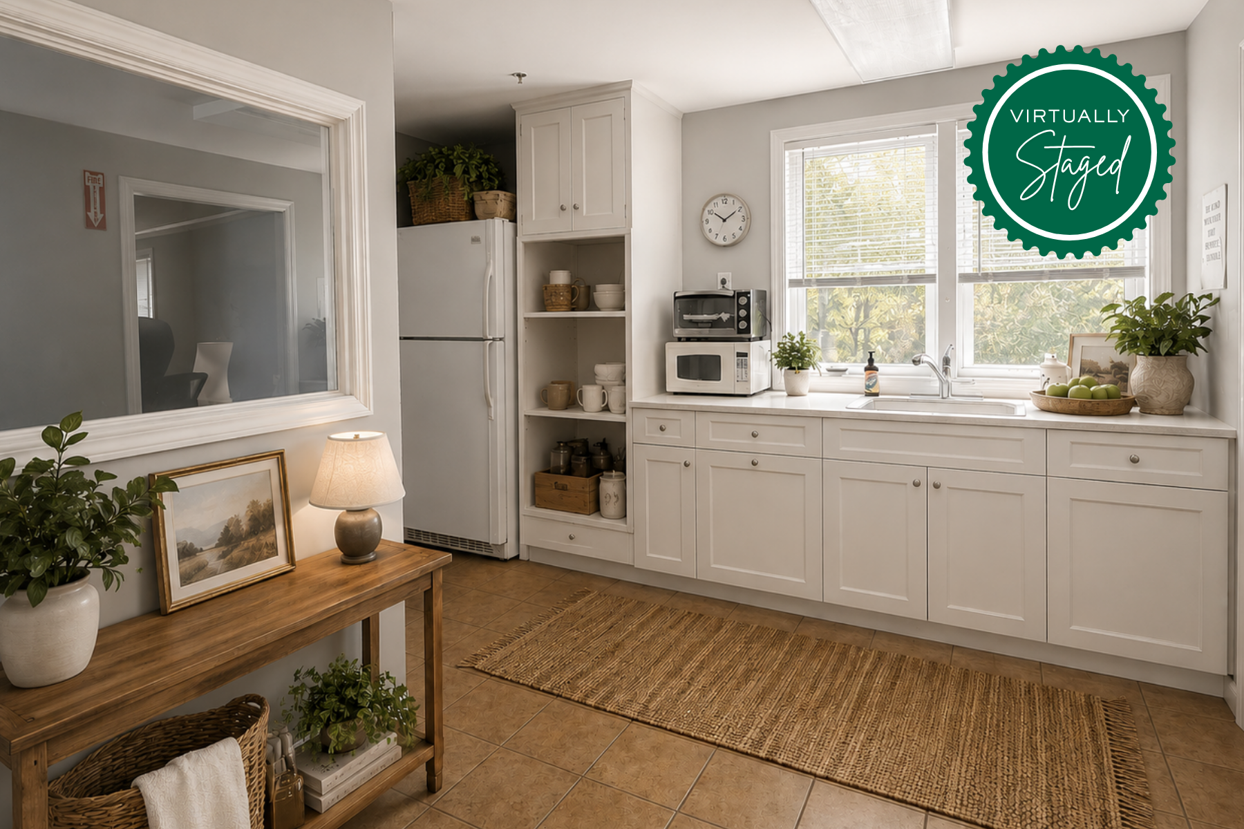 Virtually Staged Sunlit Kitchenette for Staff Convenience Virtually staged modern kitchenette at 20 Garland Drive, Stamford, CT, featuring white cabinetry, a stainless steel sink, and large windows providing ample natural light for a staff break area.