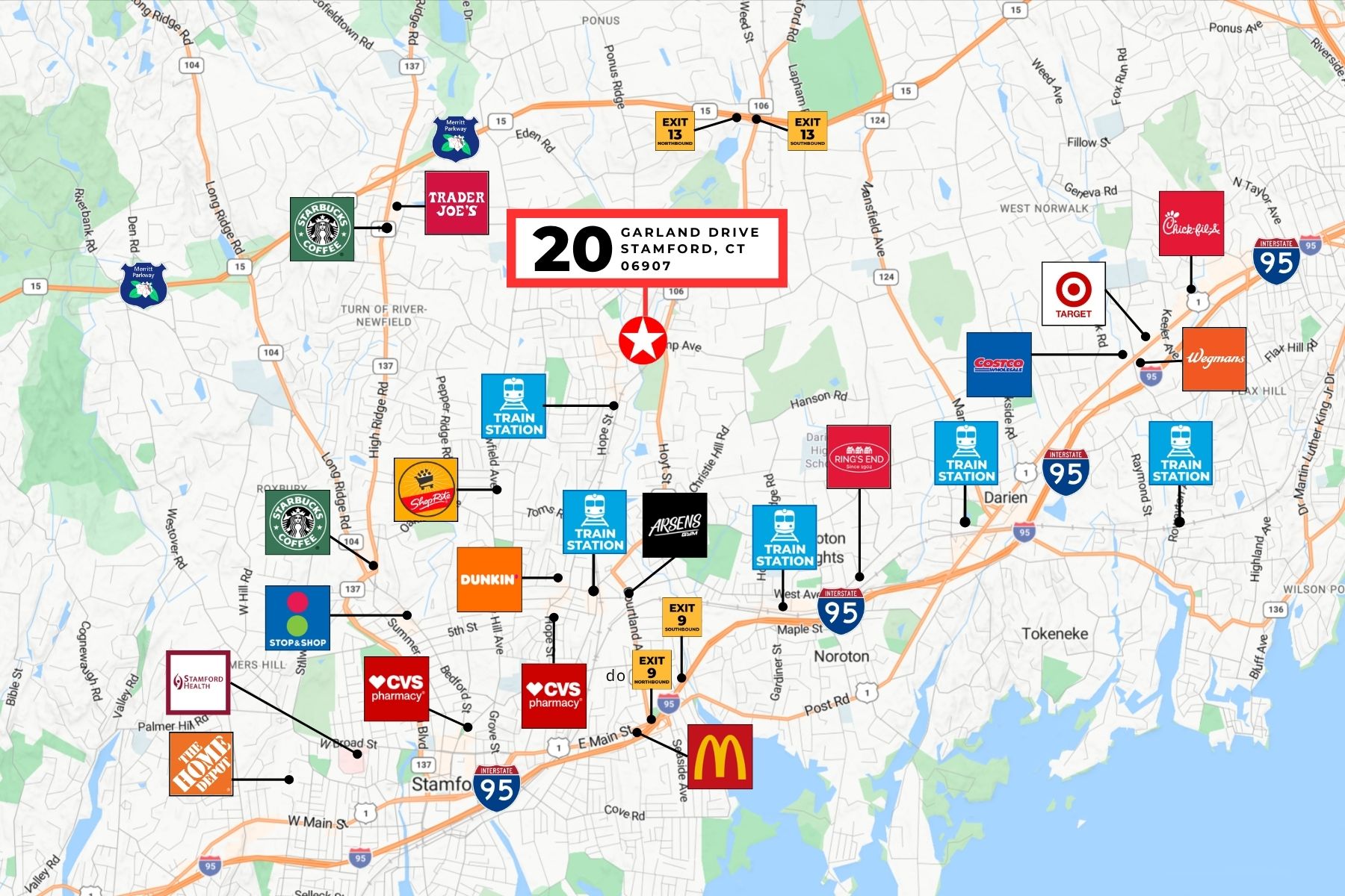 Strategic Location and Regional Connectivity Map Strategic location and regional connectivity map for 20 Garland Drive, Stamford, CT, showing its central position between I-95 and the Merritt Parkway, with proximity to the Springdale Metro-North Station.