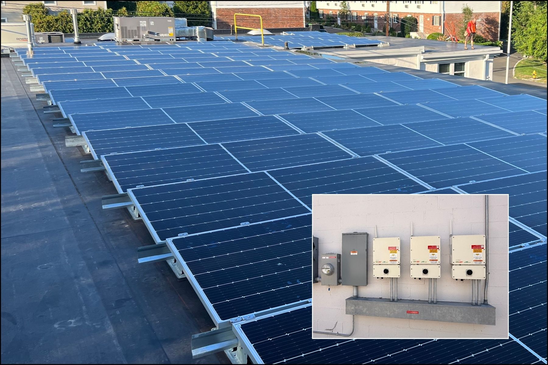 Energy Efficient 39.36KW Solar Array for Reduced Operating Expenses Roof-mounted 39.36KW solar panel array at 20 Garland Drive, Stamford, CT, designed to improve energy efficiency and significantly reduce building operating expenses.