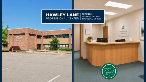 Collage Showing Brick Exterior, Reception Seating Area, And A Private Corner Office At Hawley Lane Professional Center In Trumbull, CT