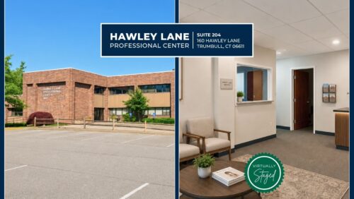 Collage showing the brick exterior, a modern reception seating area at Hawley Lane Professional Center in Trumbull, CT.