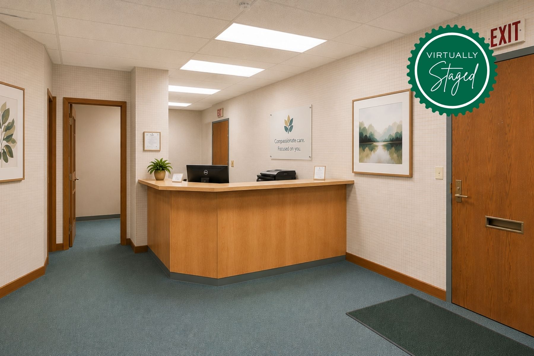 Reception Room (Virtually Staged) Virtually Staged Medical Office Reception Area Featuring A Wood Front Panel Desk, Waiting Chairs, And Accent Green Signage At Hawley Lane Professional Center In Trumbull, CT
