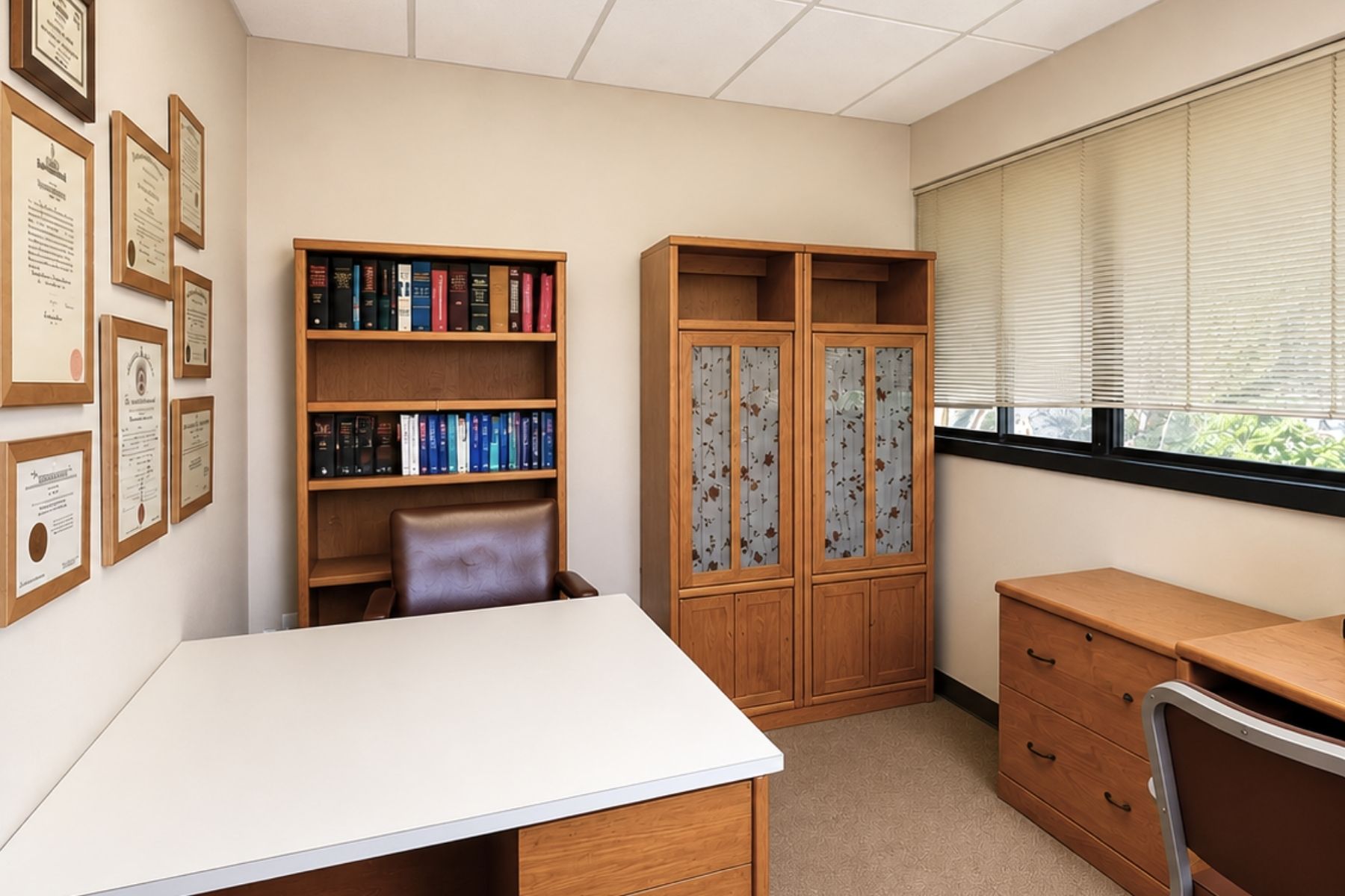 Corner Private Office (2 of 2) Bright Commercial Corner Office Featuring A Large Wooden Built-In Desk, Wall Shelving Unit, And Corner Windows At Hawley Lane Professional Center In Trumbull, CT