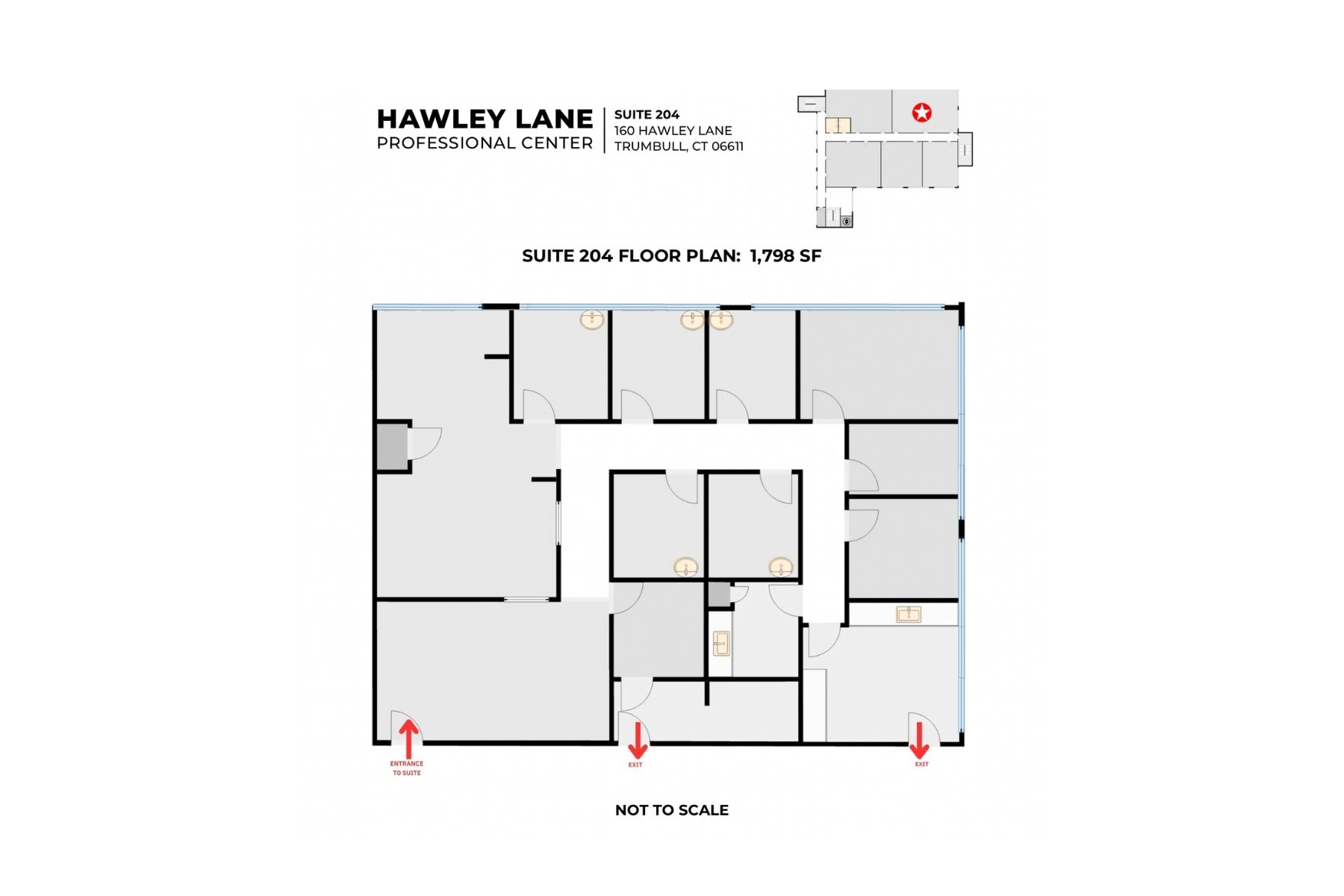 Floor Plan for Suite 204 Floor plan layout for Suite 204 at Hawley Lane Professional Center in Trumbull, CT, detailing a professional medical office suite with a reception area, exam rooms, and perimeter offices