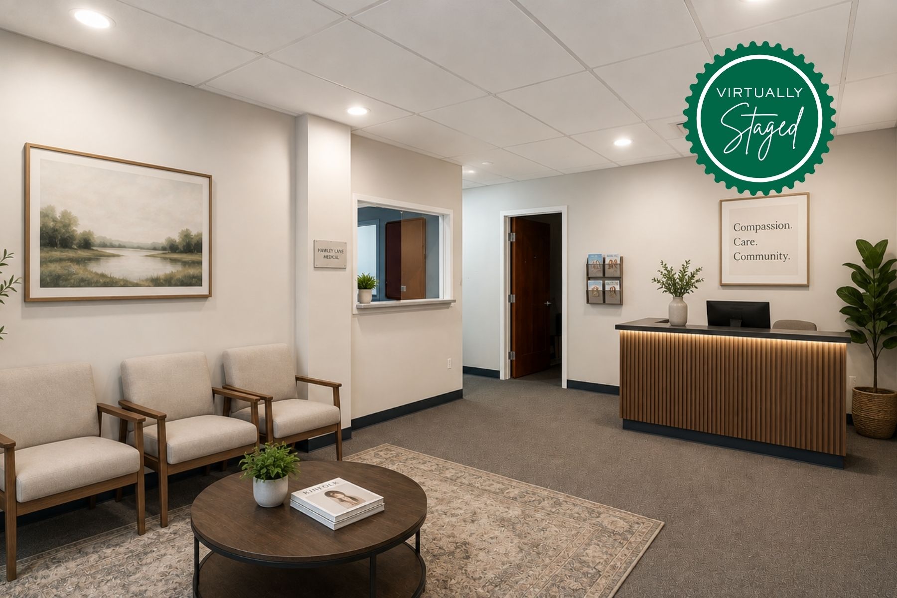 Spacious Waiting Room (Virtually Staged) Virtually staged spacious medical office waiting room and reception seating area at Hawley Lane Professional Center in Trumbull, CT.