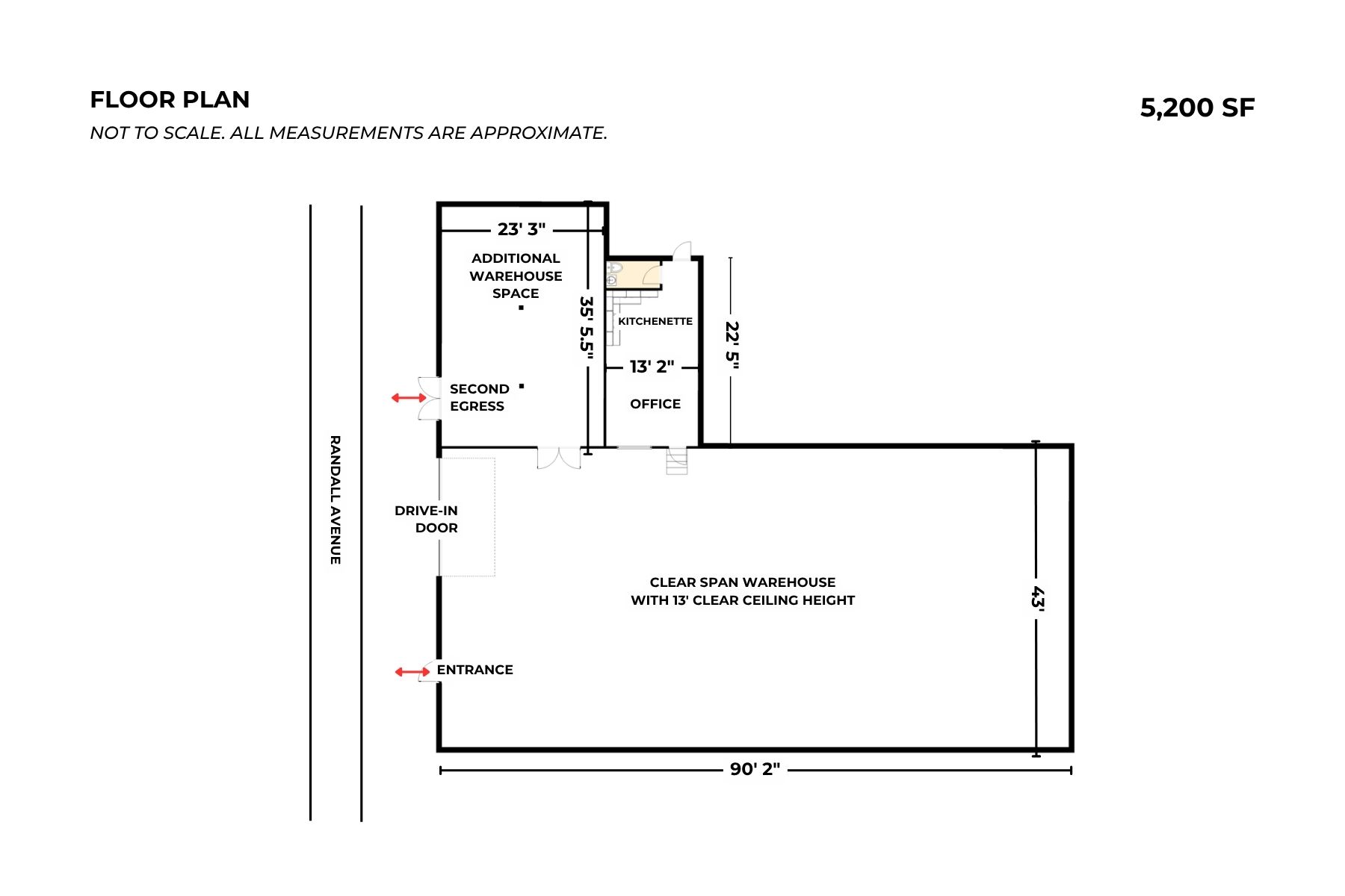 Floor Plan - 5,200 SF of Space Consisting of Clear Span Warehouse, Additional Warehouse Space, Office, Kitchenette, and Private Restroom Floor Plan - 5,200 SF of Space Consisting of Clear Span Warehouse, Additional Warehouse Space, Office, Kitchenette, and Private Restroom