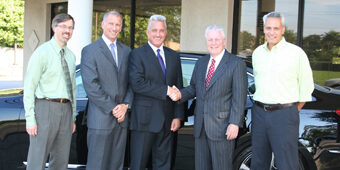 left to right -Mark Barnhart (Director, Economic Development Commission Fairfield), Peter C. DiPersia (General Manager Hyundai Eastern Region), David Cartwright (Dealer Principal) Michael C. Tetreau (First Selectman, Fairfield), Jon Angel (President, Angel Commercial L.L.C.) standing in front of the new Hyundai Equus at the new dealership location on Post Road, Fairfield